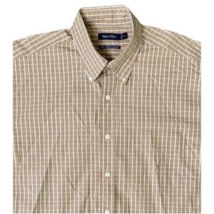Nautica Mens Brown Plaid 100% Cotton Long Sleeve‎ Button Front Shirt Size XL